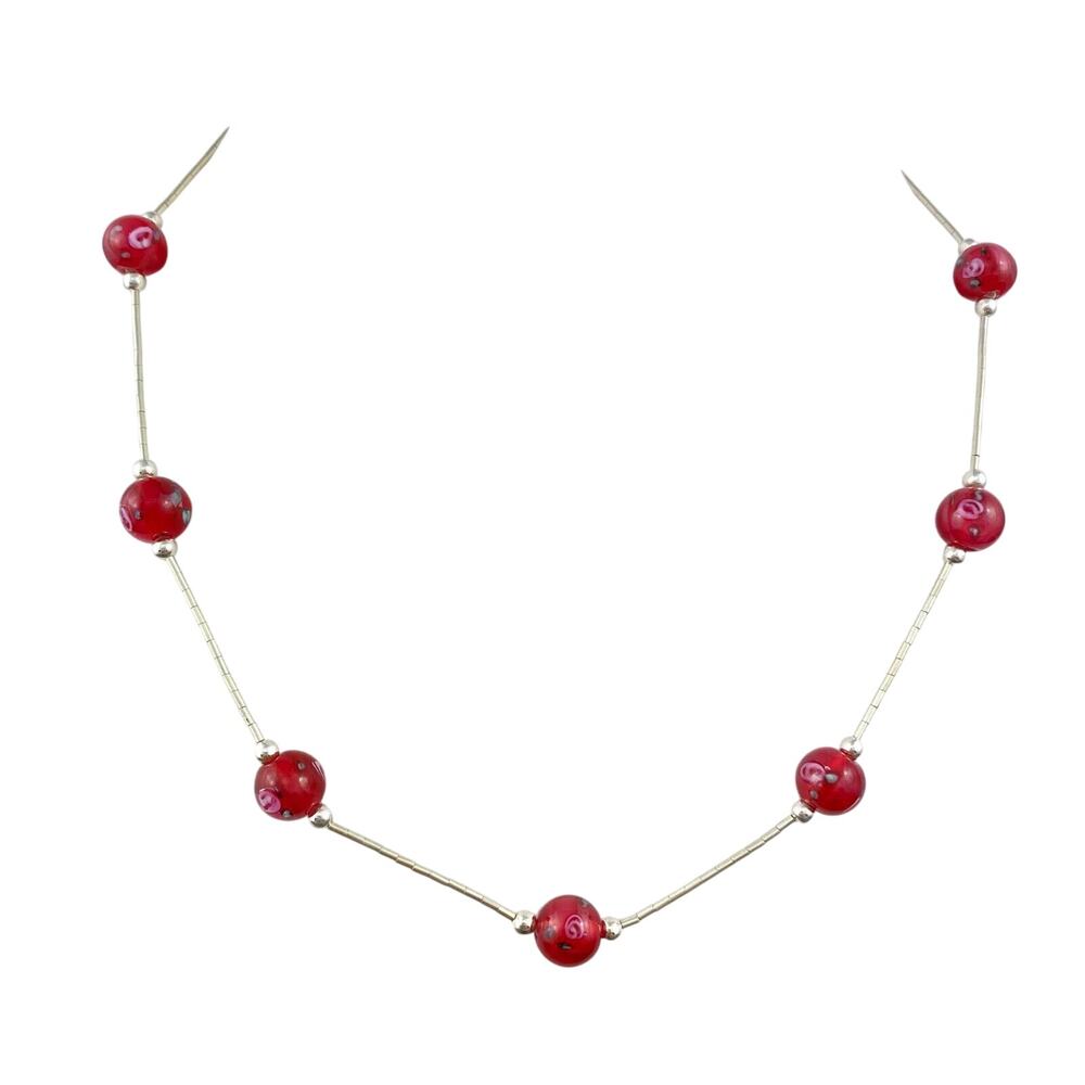 Red Floral Design Glass Bead Station Necklace | NWOT Sterling Silver 925 | 16"